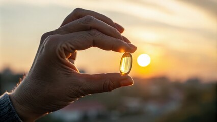 Senior woman holding an omega 3 fish oil supplement capsule against a stunning sunset, embodying a commitment to a healthy lifestyle and overall well being