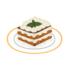 Tiramisu dessert with mint leaves. Traditional Italian dessert for food menus, bakeries, and sweet-themed designs. Flat vector illustration, isolated on white background.