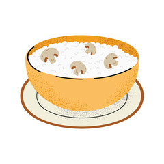 Bowl of creamy mushroom risotto. Perfect for food designs, Italian cuisine, and recipe illustrations. Flat vector illustration, isolated on white background.