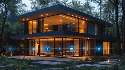 Fototapeta premium Smart home dashboard with CCTV cameras at dusk surrounded by a serene forest environment