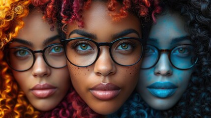 Obraz premium Three women with vibrant hair and glasses, close-up portraits.