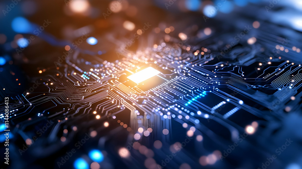 Poster close-up of illuminated central processing unit on a circuit board, glowing with orange and blue lig
