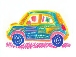 A colorful electric car is illustrated in a playful kids drawing style, set against a bright landscape of buildings and greenery. The design reflects joy and creativity