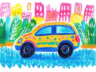 A colorful electric car is illustrated in a playful kids drawing style, set against a bright landscape of buildings and greenery. The design reflects joy and creativity