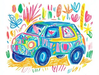 A colorful electric car is illustrated in a playful kids drawing style, set against a bright landscape of buildings and greenery. The design reflects joy and creativity