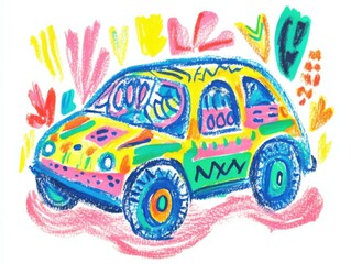 A colorful electric car is illustrated in a playful kids drawing style, set against a bright landscape of buildings and greenery. The design reflects joy and creativity