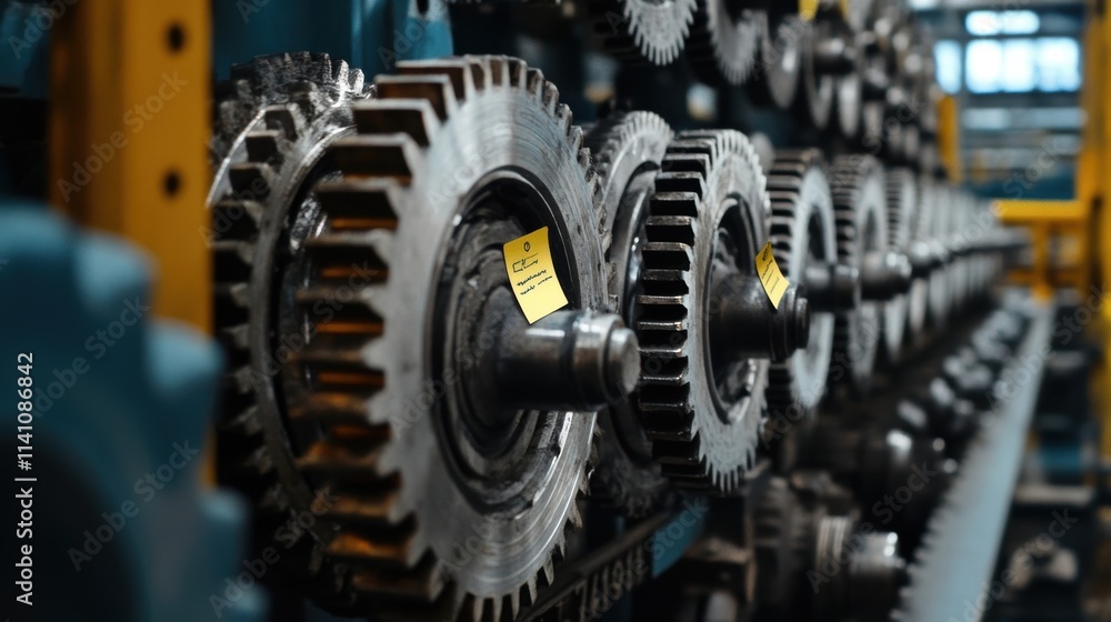 Poster the intricate gears and levers of a factory machine captured in detail with sticky notes attached re