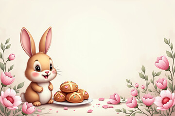 A cheerful bunny sits beside a plate of hot cross buns, surrounded by blooming pink flowers, evoking the spirit of Easter.