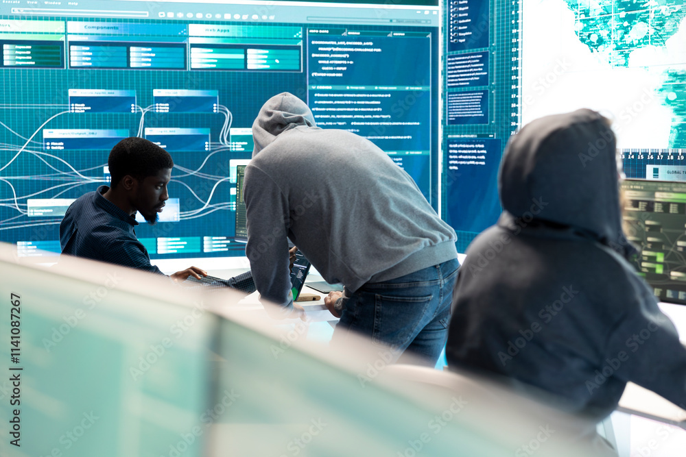Poster professional it expert working in a governmental security operations center, analyzing data on a big