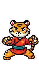 tiger mascot wearing shaolin clothes with a pose ready to fight in flat style 