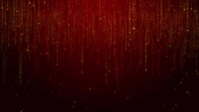 Festive Red Background Falling Glitter Particles Confetti frame border particles bokeh background. Event awards trailer titles cinematic concert openers luxury presentation award ceremonies holiday