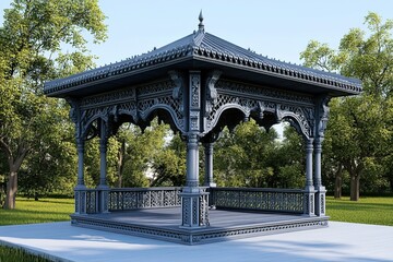 Fototapeta premium blue and grey elegant traditional wooden pavilion with intricate royal carvings 