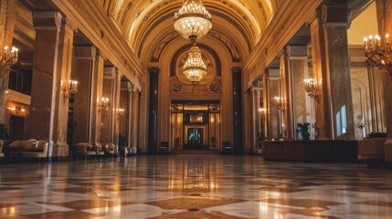 Grand opulent hall interior with marble floor, chandeliers, and columns.