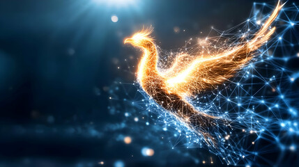 Fiery phoenix bird, digital art, network, connection, lines, glowing, energy, abstract.