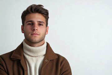 Obraz premium Stylish Young Man in Cozy Sweater and Jacket Against Minimalist Background
