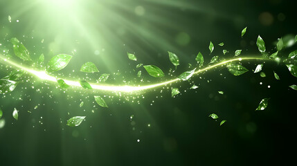 Glowing green leaves swirl, light ray, dark background.