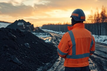 A worker in protective gear stands at sunset, gazing out over a large pile of dark minerals