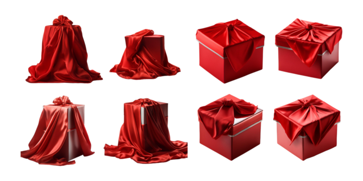 collection of red gift boxes elegantly covered with satin fabric, isolated on a transparent background, ideal for gift, celebration, or luxury packaging projects.
