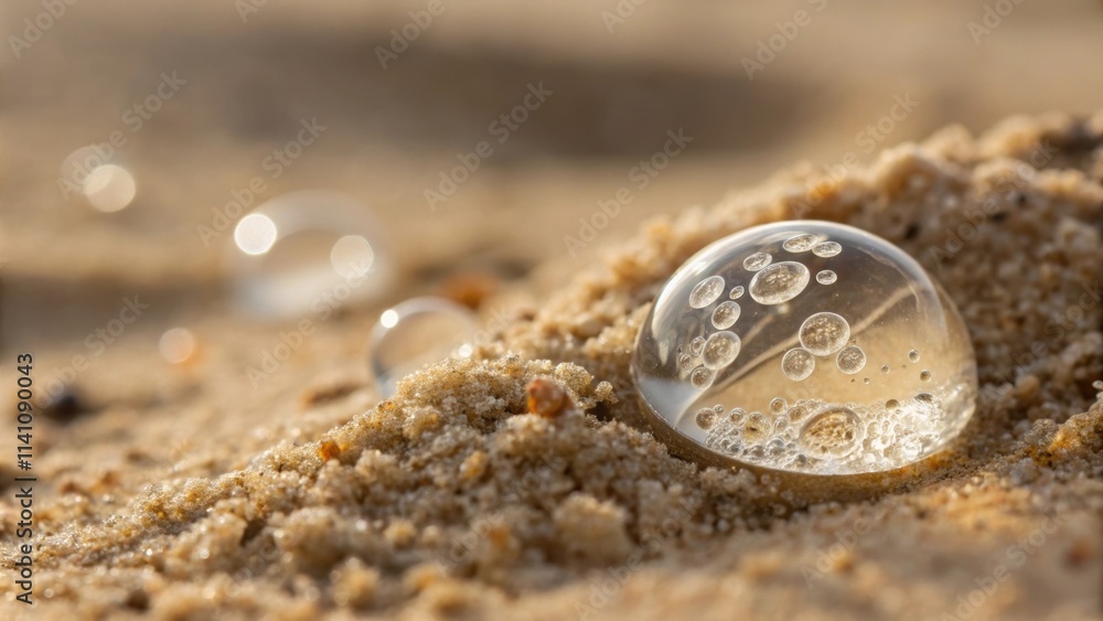 Poster glass sphere filled with bubbles resting on sand, accompanied by smaller spheres in the background, 