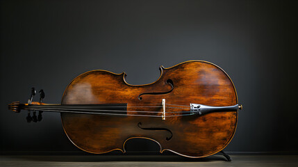 Double bass with a bow, placed diagonally to showcase its large body