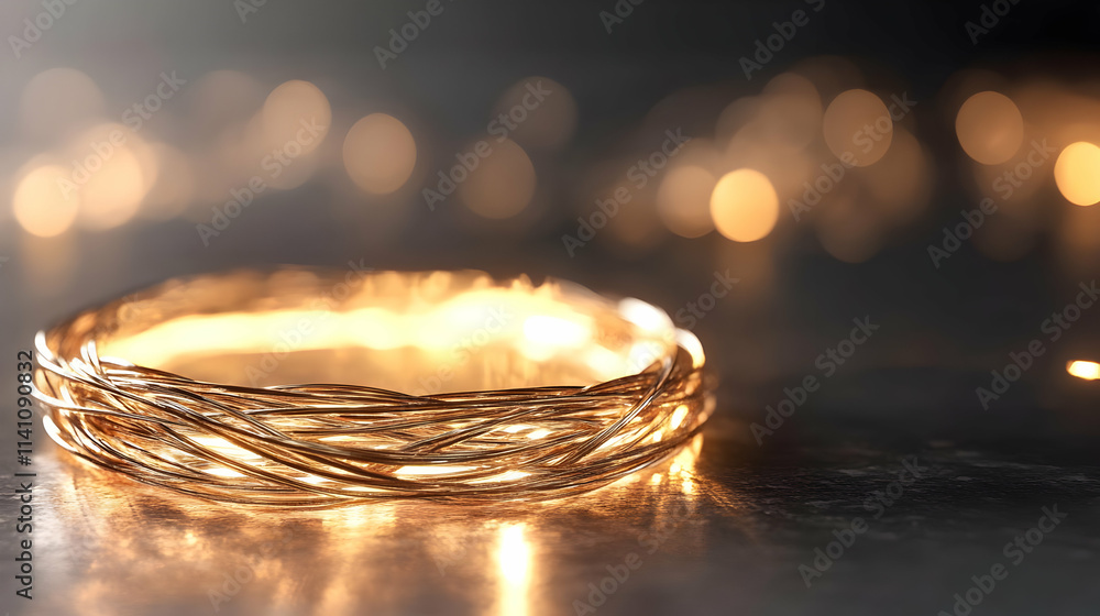 Poster glowing gold wire lights in a circular shape on a dark reflective surface with blurred bokeh lights 