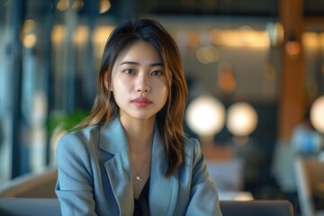 Naklejka premium Portrait of young mixed race Asian businesswoman sitting