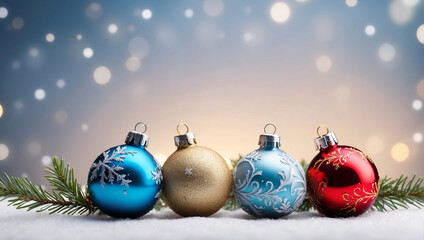Fototapeta premium Colorful Christmas ornaments resting on a snowy surface with blurred lights in background
