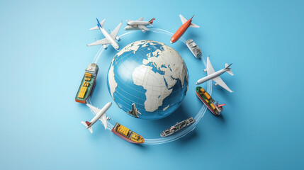 Fototapeta premium 3D Globe with Orbiting Transportation Icons Representing Global Logistics and Travel Networks