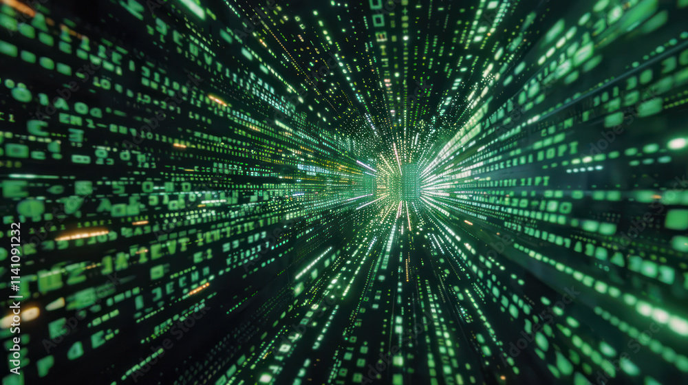 Poster binary digital codes that rush to the center, creating the effect of movement in space or a cyber tu