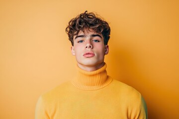 Fototapeta premium Stylish Young Man in Yellow Turtleneck Sweater Against Bright Orange Background