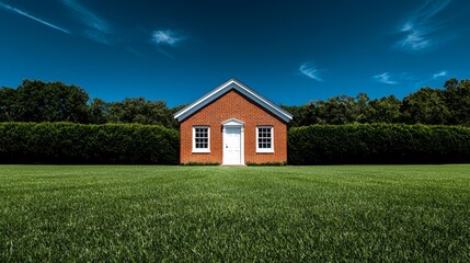 A small rural school building with red brick walls and a white wooden door, surrounded by lush green grass under a bright blue sky