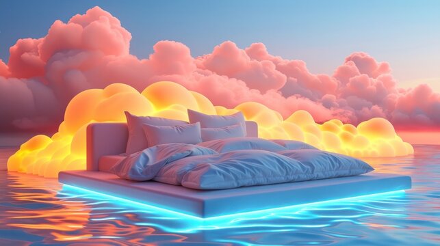 Floating bed platform suspended on a serene ocean under a vibrant sunset sky surrounded by ethereal clouds and reflecting the warm colors of the horizon