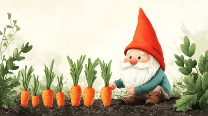 Obraz premium Whimsical Gnome Planting Carrots in Garden – Storybook Illustration