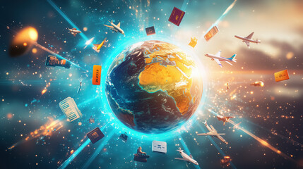 3D Globe with Orbiting Travel and Tourism Icons Representing Global Adventures