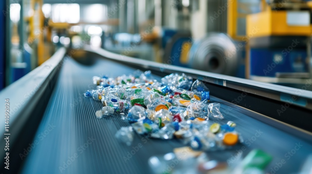 Poster a zoomedin image of biodegradable packaging being produced on a conveyor belt emphasizing the commit