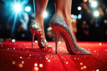 Close-up of glamorous silver high-heeled shoes adorned with glitter, walking on a red carpet.