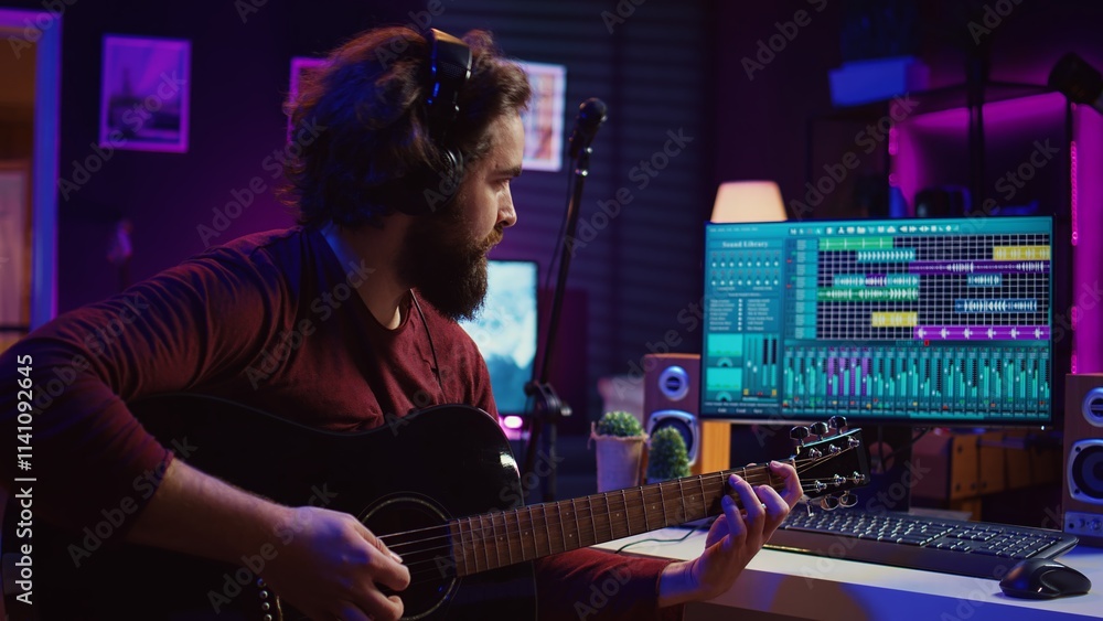 Poster Sound engineer playing acoustic guitar and using mixing console to record music, adjusting volume and adding sound effects to tunes. Artist works with digital audio workstation software. Camera B.