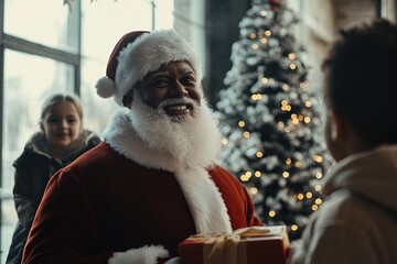 Obraz premium Santa Claus interacts with children by a decorated Christmas tree in a cozy indoor setting during the holiday season