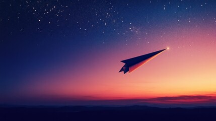 Fototapeta premium Paper airplane flying under a starry sky at twilight with the last light of the sun. generative ai