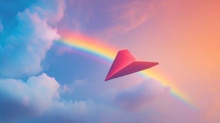 Paper airplane surrounded by vibrant rainbow colors in a sky generative ai