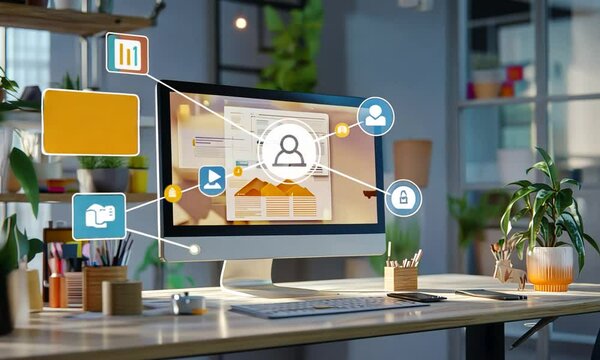 Modern workspace with iMac displaying data analysis and design mockups.