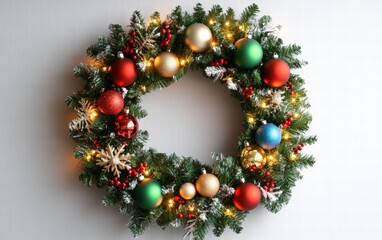 A festive Christmas wreath with colorful ornaments and sparkling lights on a modern door