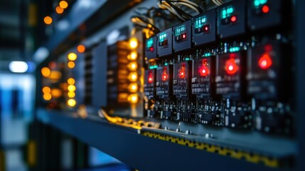 Naklejka premium An electronic circuit panel with flashing indicator lights showing machine learning operations focusing on a specific area where anomalies are flagged in real time.