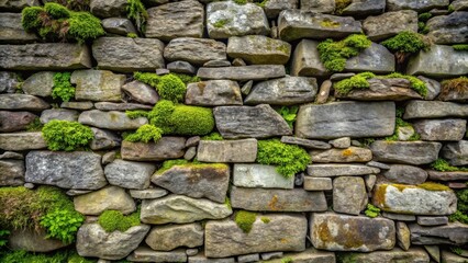 Old stone wall background with weathered gray stones and moss growing in between , vintage, texture, architecture, ancient