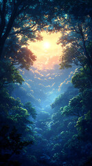 Fototapeta premium a tranquil forest at dusk with soft light filtering through the trees and