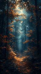 Obraz premium a tranquil forest at dusk with soft light filtering through the trees and