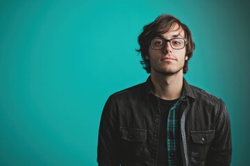 Fototapeta premium Confident Young Man in Glasses Against a Vibrant Turquoise Background
