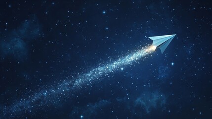 Paper airplane with a trail that creates stars, navy blue background generative ai