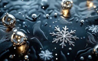 Fototapeta premium A frosty winter scene with glowing snowflake ornaments, icy patterns, and shimmering metallic baubles on a matte black surface