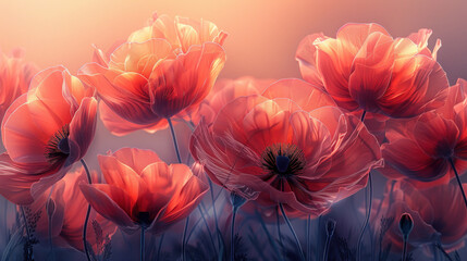 red poppies with thin petals through which light shines through, creating a transparent effect.,.  